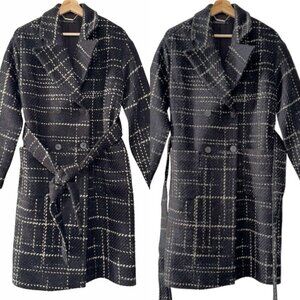 Elie Tahari Black Plaid Tweed Wool‎ Double Breasted Preppy Wrap Trench Coat